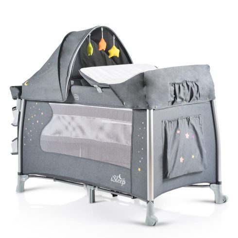 iSleep utazóágy, multifunkciós, pelenkázóval, játékkal, kupolával SZÜRKE