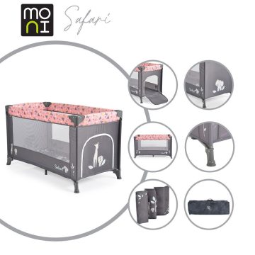   SAFARI utazóágy 1 szintes, zippes kibújóval, állatmintás PINK/rózsa