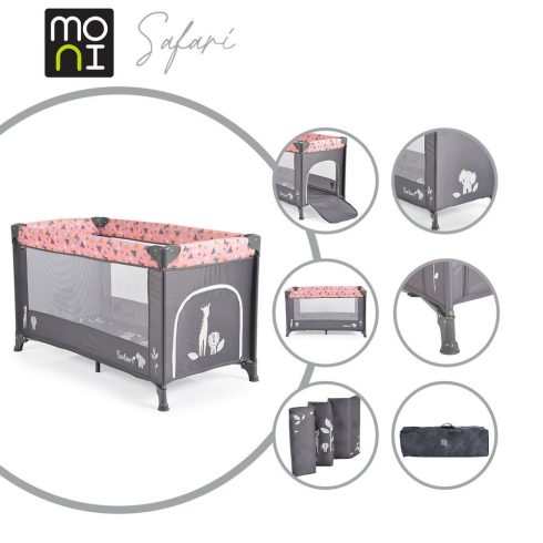 SAFARI utazóágy 1 szintes, zippes kibújóval, állatmintás PINK/rózsa