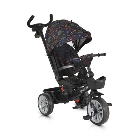 SPACE tricikli szülőkaros, 360 fokban forgatható SKÉK/NARANCS űrhajó minták