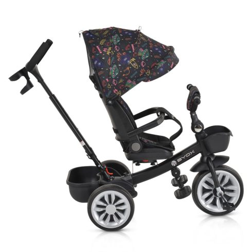 SPACE tricikli szülőkaros, 360 fokban forgatható SKÉK/NARANCS űrhajó minták