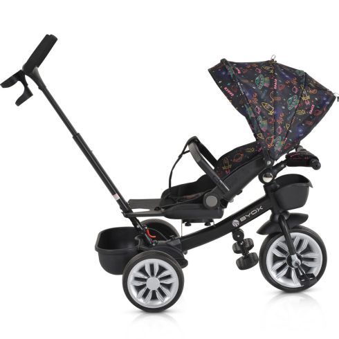 SPACE tricikli szülőkaros, 360 fokban forgatható SKÉK/NARANCS űrhajó minták