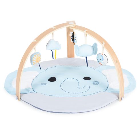 JÁTSZÓSZŐNYEG plüss, fa játékhíddal, összecsukható KEREK VKÉK ELEFÁNT