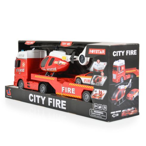 Tűzoltó vontató autó helikopterrel, autóval 54cm PIROS