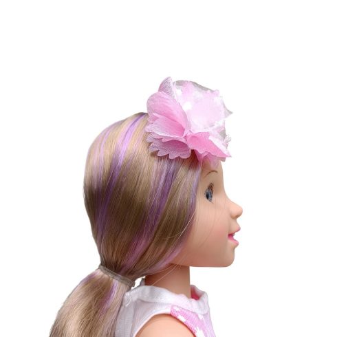 BABA 38 cmes hajasbaba, virágos szoknyás, szőke Fehér/RÓZSASZÍN