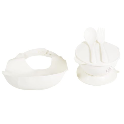 SURPRISE etetőszék szilikon tányérral, evőeszközzel, előkével FEHÉR